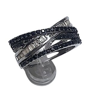 Sterling Silver Multi Row Bypass Black & White Ring size 6.5